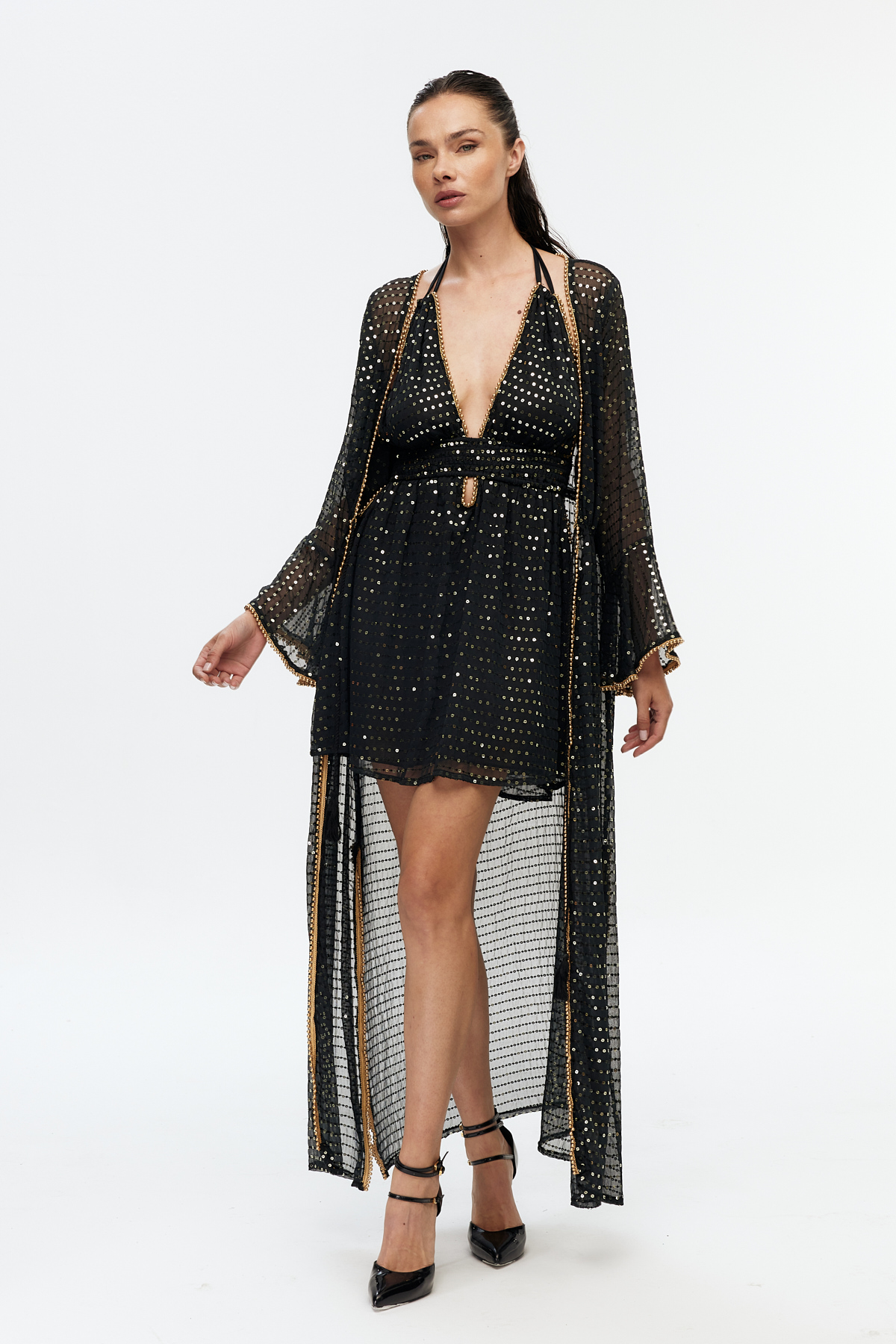 Siyah şifon parıltılı uzun kollu kimono
