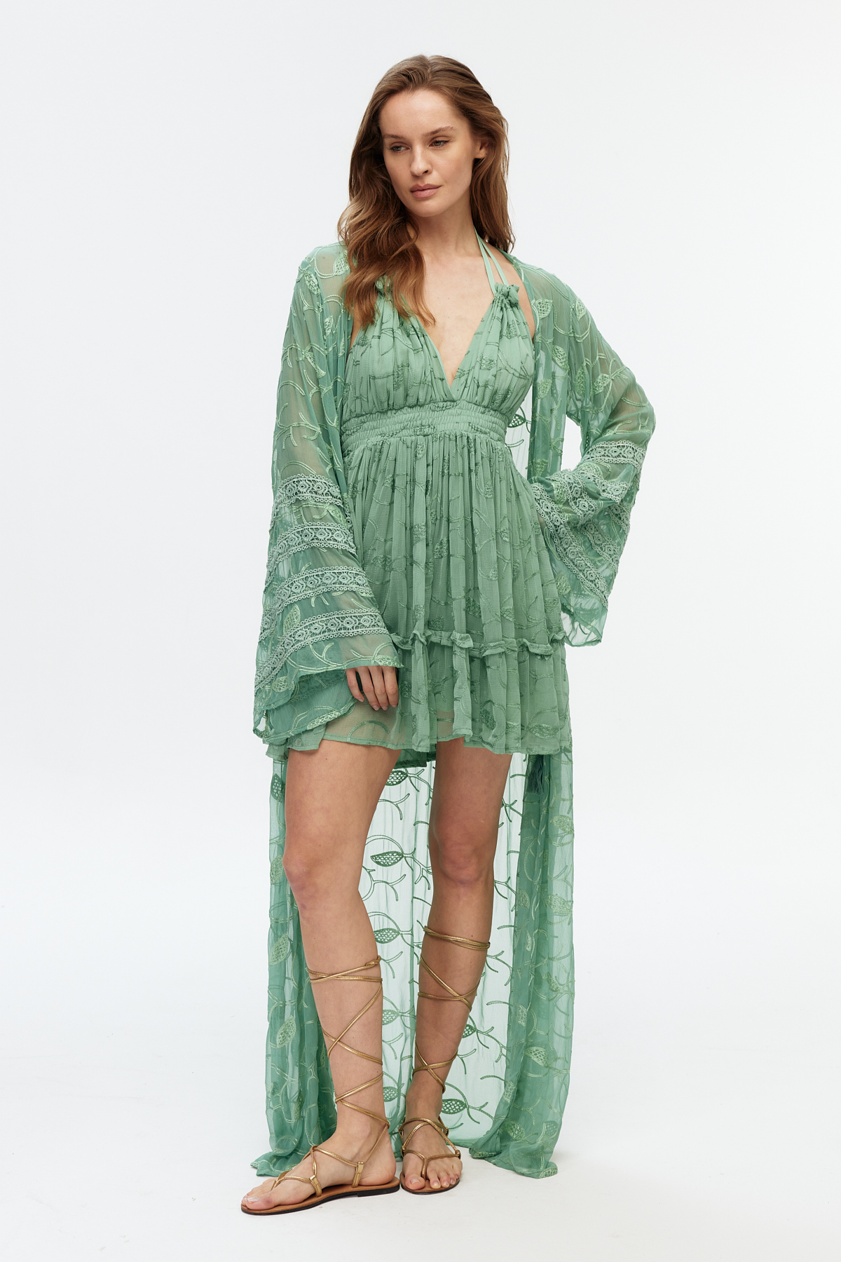Yeşil şifon dantel detaylı uzun kimono