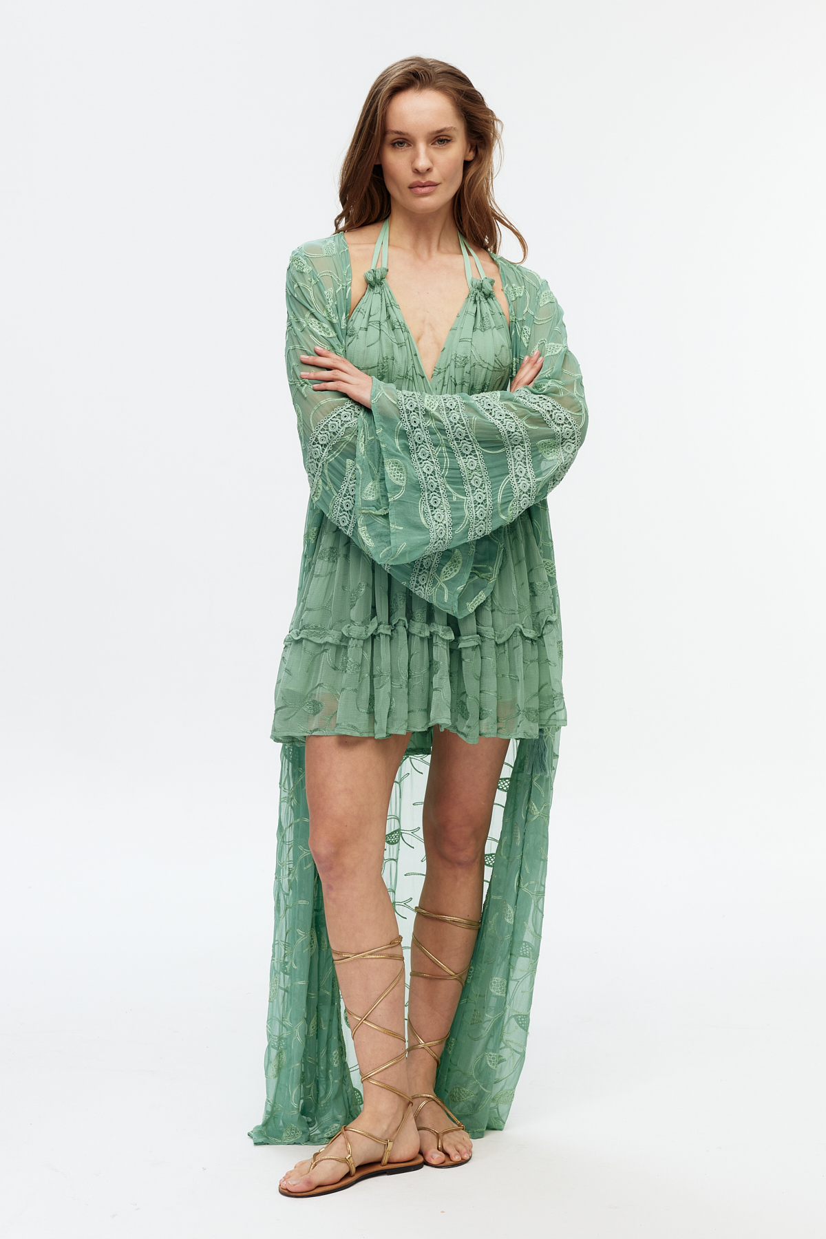 Yeşil şifon dantel detaylı uzun kimono