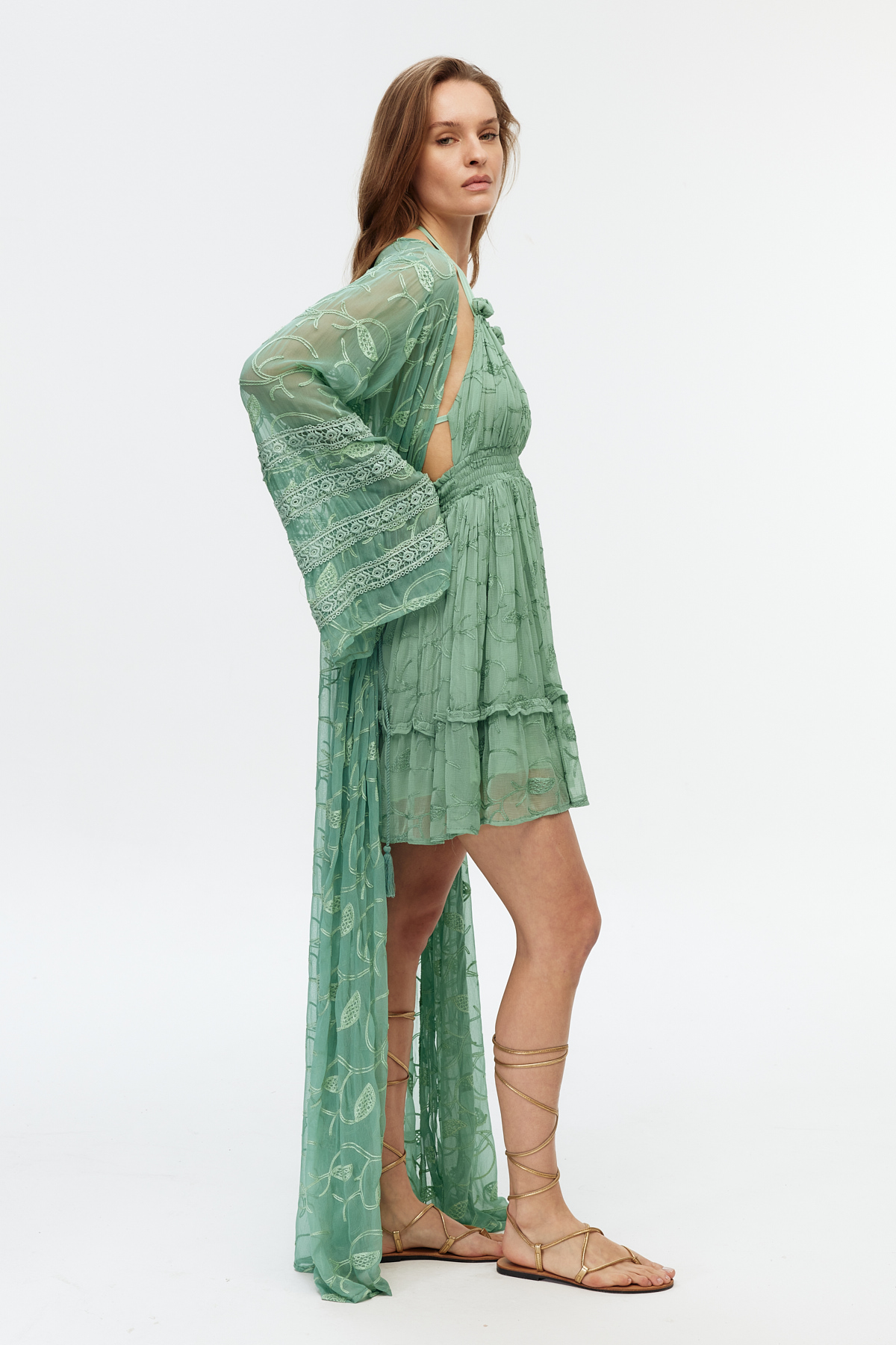 Yeşil şifon dantel detaylı uzun kimono