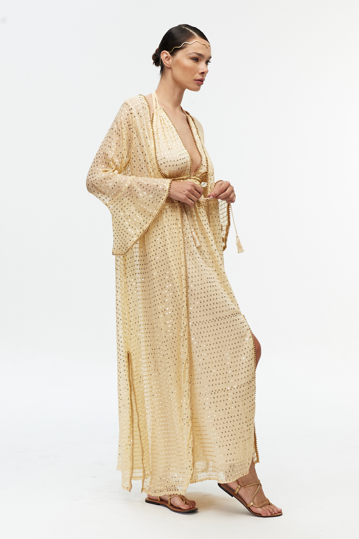 Bej şifon parıltılı uzun kollu kimono