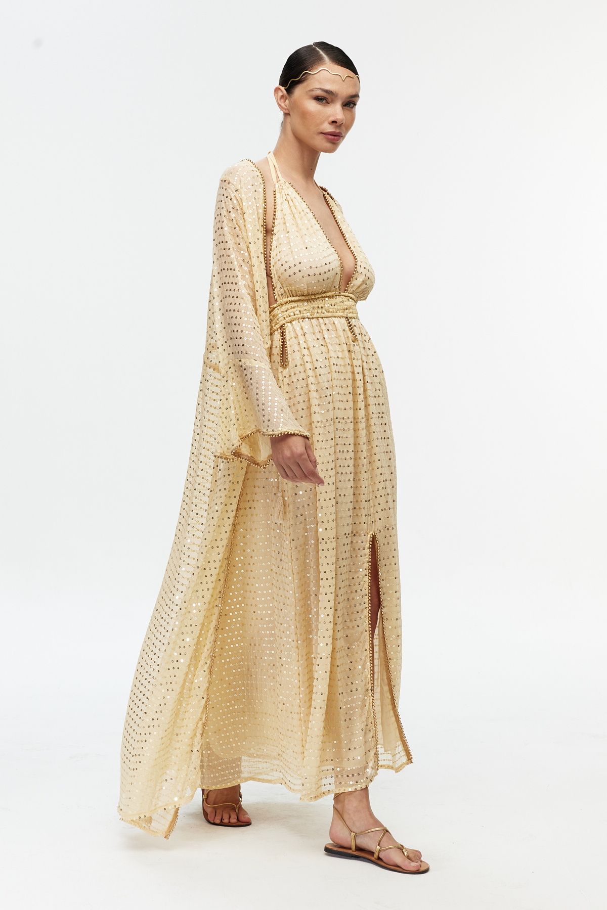 Bej şifon parıltılı uzun kollu kimono
