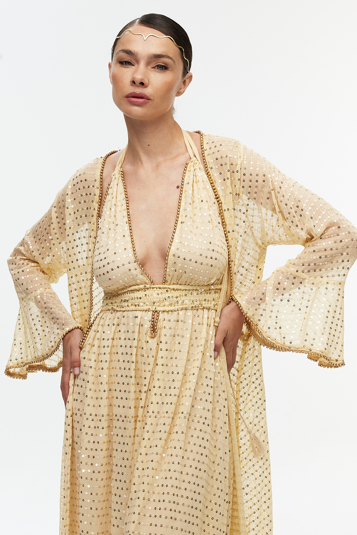 Bej şifon parıltılı uzun kollu kimono