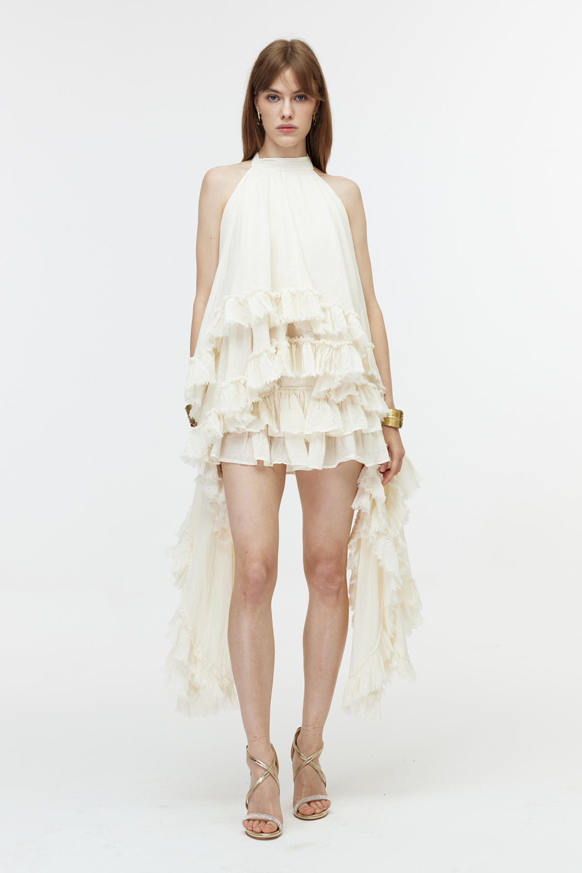 Ekru asimetrik cotton elbise