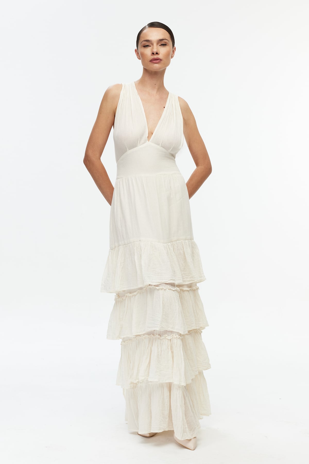Ekru ruffle detay cotton elbise