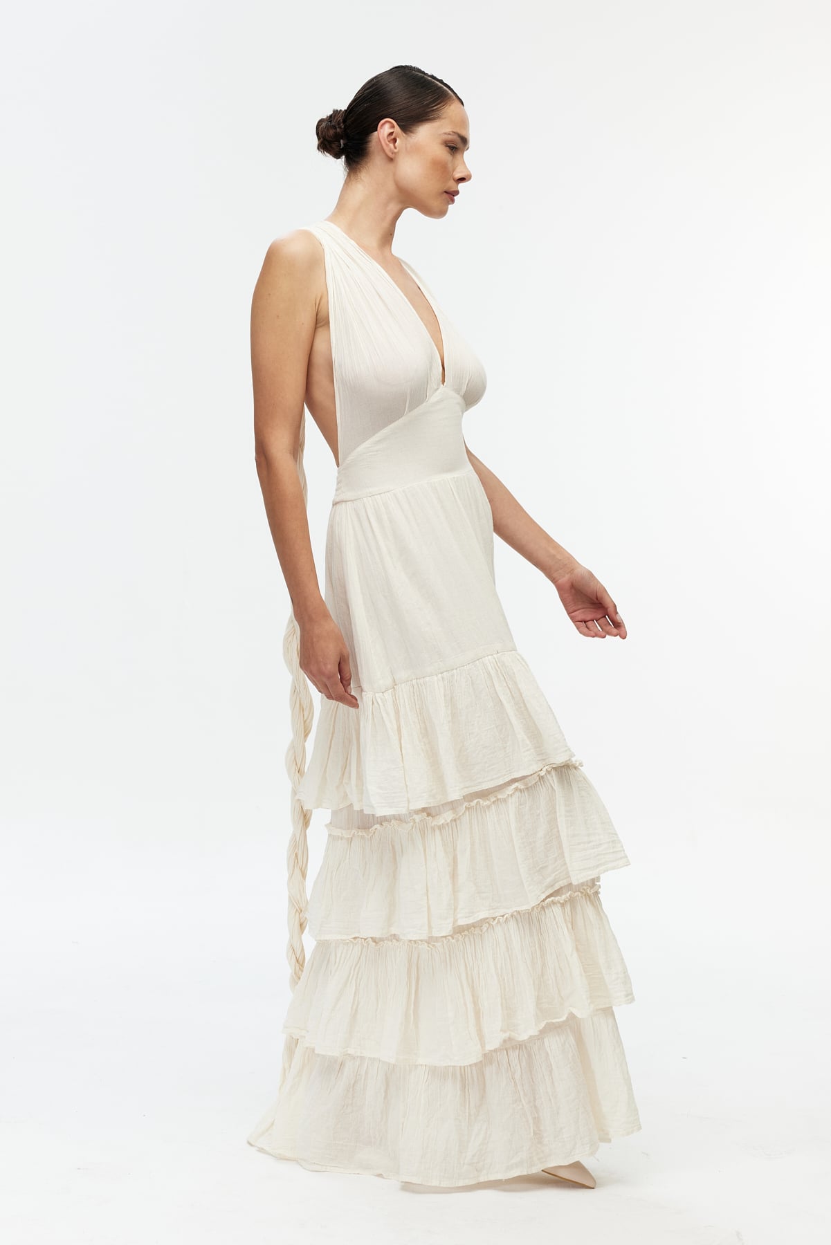 Ekru ruffle detay cotton elbise