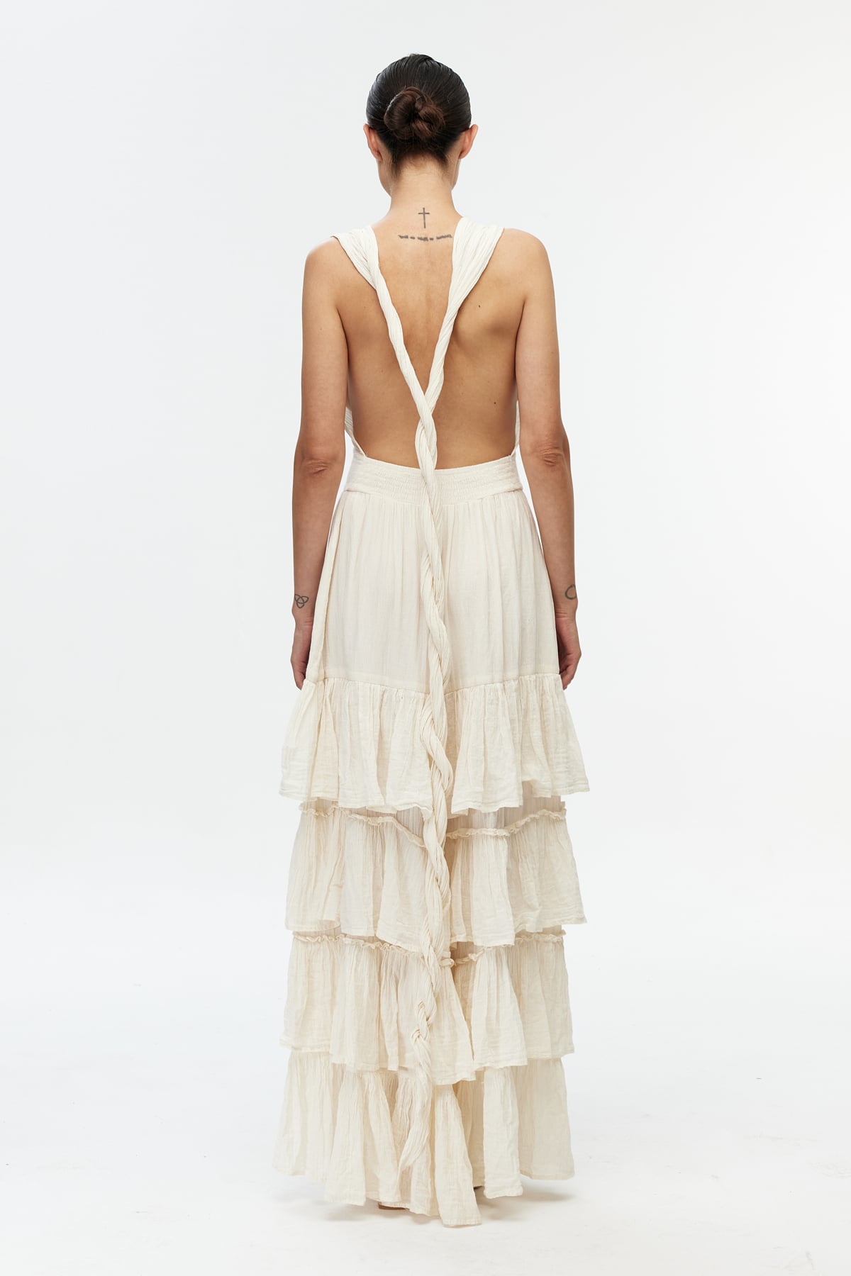 Ekru ruffle detay cotton elbise